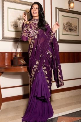 Jacqueline Fernandez Wear Purple Ruffle Saree