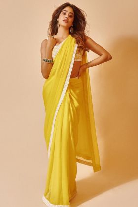 Janhvi Kapoor Style Yellow Chain Stitch Work Saree