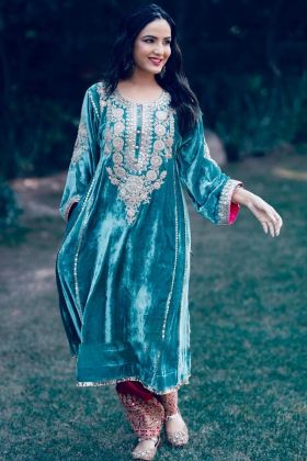 Jasmin Bhasin Wear Peacock Blue Viscose Velvet Dress