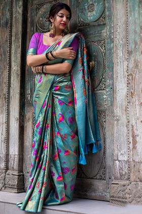 Kanjivaram Silk Saree Weaving Work Sky Blue Color
