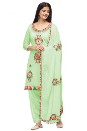 Latest Design Of Chanderi Cotton Patiyala Salwar Suit In Green Color