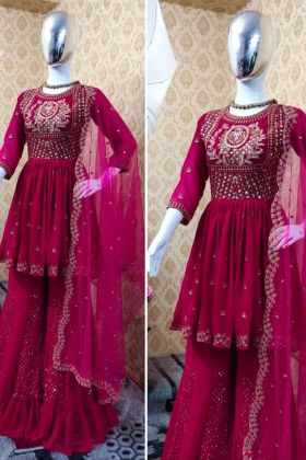 Latest Launched Ruby Pink Embroidery Work Faux Georgette Sharara Suit