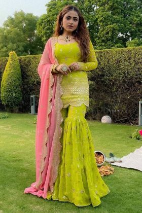 Lemon Green Faux Georgette Embroidery Work Sharara Salwar Suit