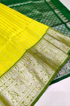 Lemon Green Jacquard Work Soft Lichi Silk Saree