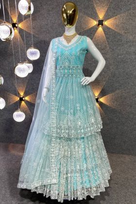 Light Blue Butterfly Net Tunic Top With Lehenga