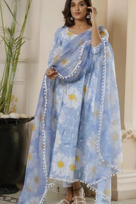 Light Blue Digital Printed Gown With Fancy Hanging Latkan Dupatta