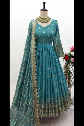 Light Blue Faux Georgette Embroidery Work Gown