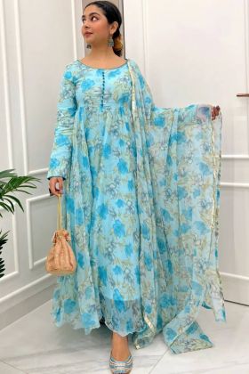 Light Blue Faux Georgette Flower Printed Long Anarkali Gown