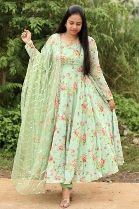 Light Green Digital Printed Silk Anarkali Style Gown