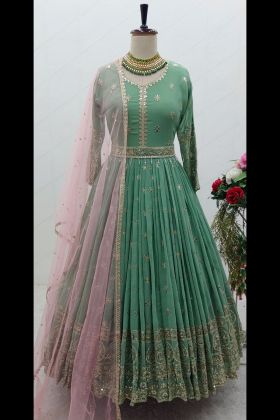 Light Green Embroidery Work Readymade Gown