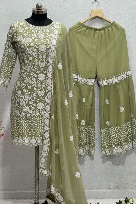 Light Green Embroidery Work Sharara Salwar Kameez