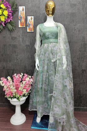 Light Green Heavy Organza Printed Long Gown