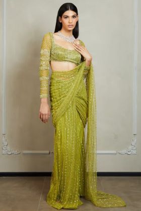 Light Green Nylon Butterfly Net Saree For Party