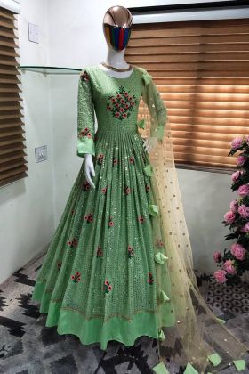 Light Green Sequence Work Readymade Anarkali Gown