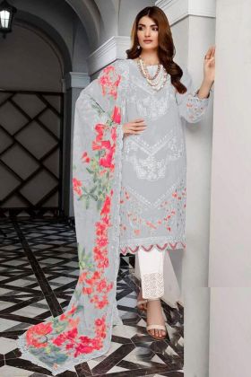 Light Grey Heavy Georgette Emboridery Work Straight Salwar Suit