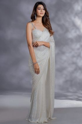Light Grey Sequence Embroidery Work Party Wear Saree
