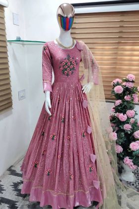Light Hot Pink Flower Embroidered Anarkali Gown