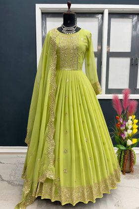 Light Olive Green Sequence Work Faux Georgette Readymade Gown