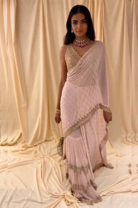 Light Baby Pink Real Mirror Work Faux Georgette Ruffle Saree