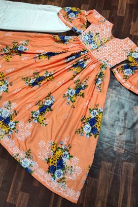 Light Orange Flower Printed Anarkali Salwar Suit