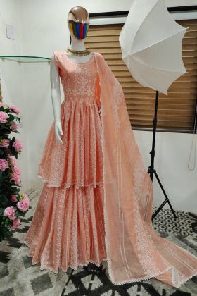 Light Orange Thread Work Chanderi Silk Sharara Suit