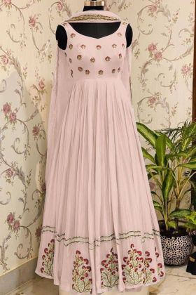 Light Peach Faux Blooming Georgette Silk Sleeveless Gown