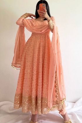 Light Peach Faux Georgette Embroidery Work Gown