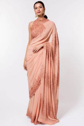 Light Peach Sequence Embroidery Work Georgette Saree