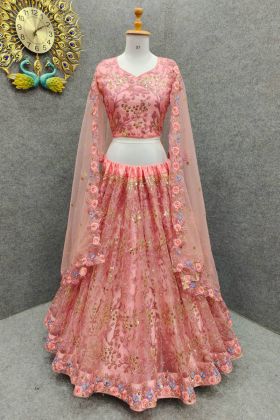 Light Pink Butterfly Net Sequence Embroidery Work Lehenga Choli
