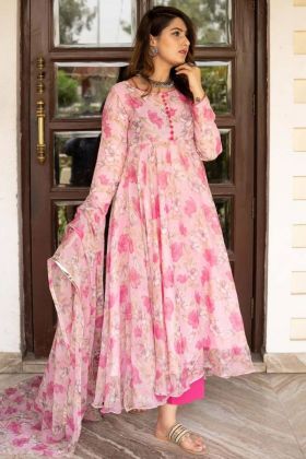 Light Pink Digital Printed Long Gown With Potli Button Neck