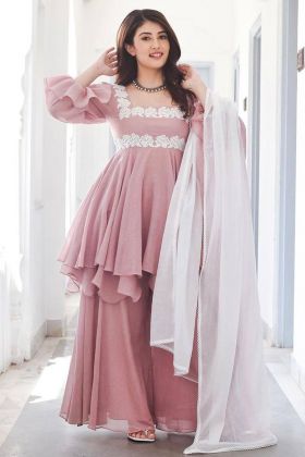 Light Pink Embroidery Work Double Layer Tunic Top With Plain Palazzo