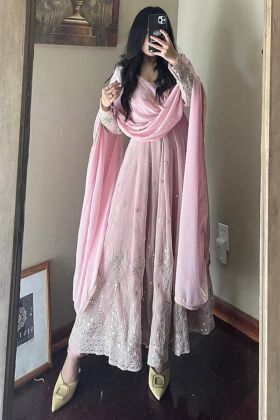 Light Pink Embroidery Work Faux Georgette Anarkali Gown