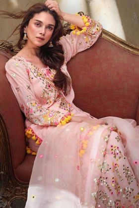 Light Pink Faux Georgette Embroidery Work Sharara Suit