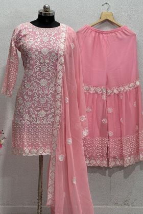 Light Pink Faux Georgette Pearl Hand Work Sharara Suit