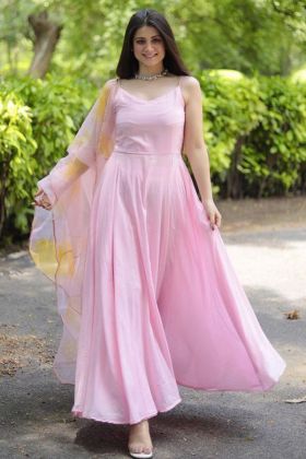 Light Pink Faux Georgette Plain Readymade Anarkali Gown