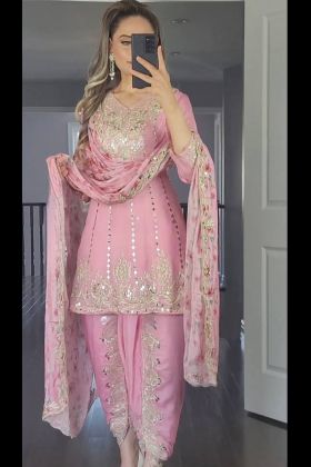 Light Pink Faux Georgette Sequence Work Dhoti Suit