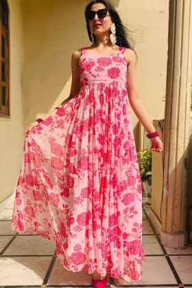 Light Pink Flower Printed Heavy Georgette Anarkali Gown