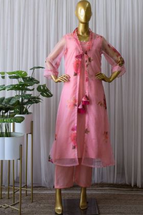 Light Pink Flower Printed Straight Salwar Suit With Koti