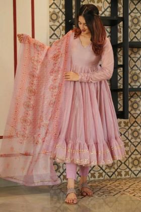 Light Pink Pure Chanderi Silk Ruffle Anarkali Gown