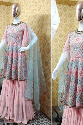 Light Pink Readymade Sharara Salwar Suit With Dupatta
