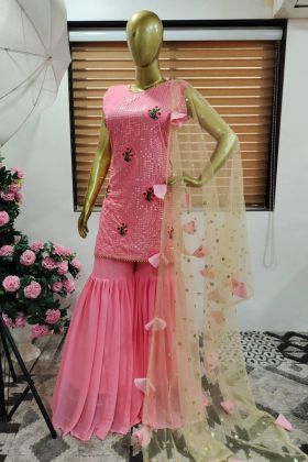 Light Pink Sequence Work Top With Plain Sharara