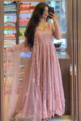 Light Pink Soft Butterfly Net Embroidery Work Gown