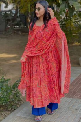Light Red Soft Butter Silk Digital Printed Anarkali Gown