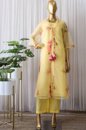 Light Yellow Digital Flower Printed Jacket Style Salwar Suit