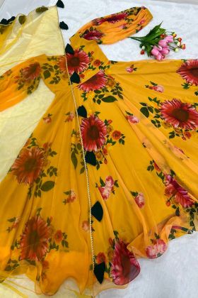 Light Yellow Faux Georgette Flower Printed Anarkali Style Gown