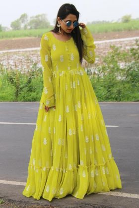 Lime Green Embroidery Work Long Sleeves Anarkali Gown