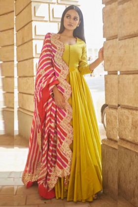Lime Green Plain Anarkali Gown With Striped Printed Dupatta