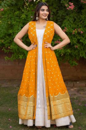 Long Anarkali Gown With Yellow Long Shrug For Haldi