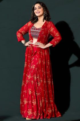Madhuri Dixit Red Digital Printed Sharara Style Suit With Koti