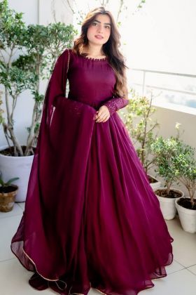 Magenta Pink Embroidery Work Long Anarkali Gown